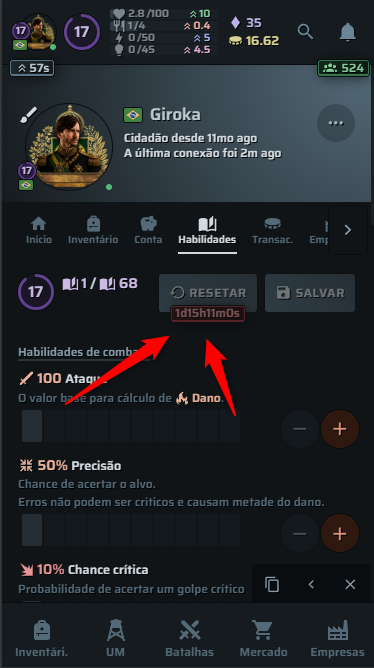 Tela de resets de habilidades