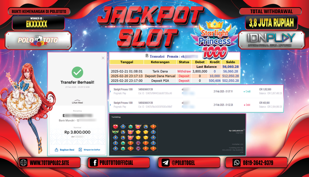 POLOTOTO JACKPOT SLOT STARLIGHT PRINCESS 1000 Rp.3.800.000,-