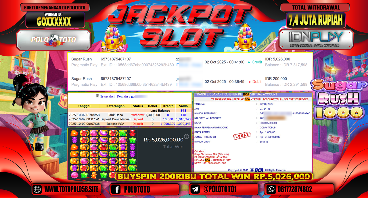 POLOTOTO JACKPOT SLOT SUGAR RUSH Rp.7.400.000,- LUNAS