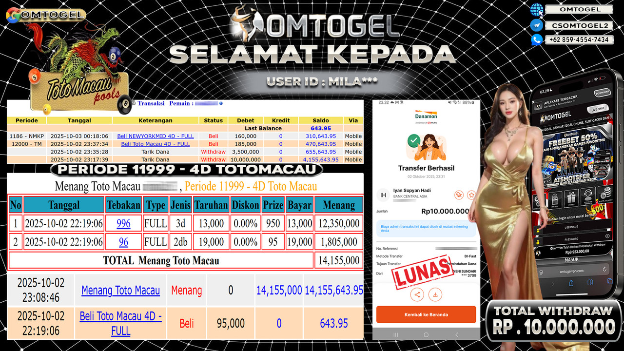 OMTOGEL JACKPOT TOTO MACAU 3D 2D 10 JUTA DI BAYAR LUNAS ,-