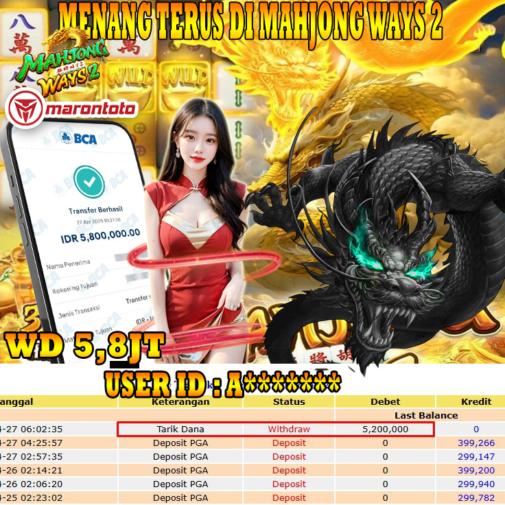 Bukti Kemenangan Member Marontoto Sebesar 5,800,000 JuTa