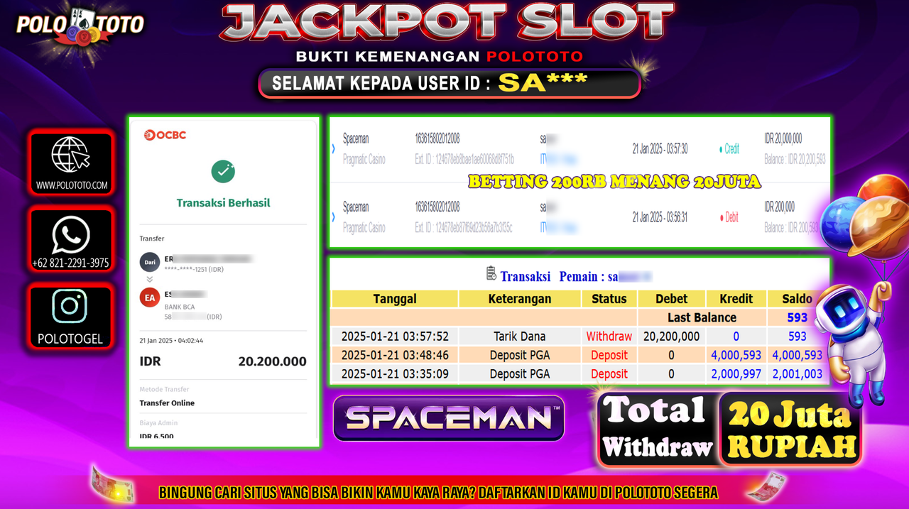 POLOTOTO JACKPOT SLOT SPACEMAN Rp.20,200.000,-