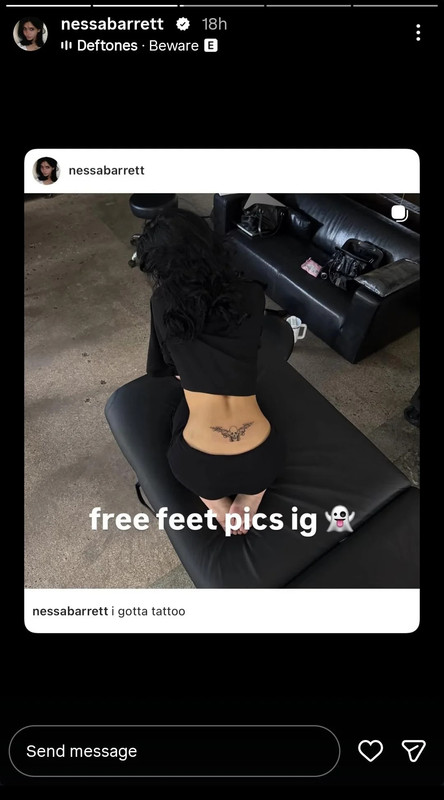 "free feet pics ig" — Nessa Barrett pokes fun at her lower back tattoo reveal pose