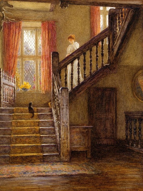 Helen_Allingham_-_The_Staircase_Whittington_Court_Gloucestershire_(wc_on_paper)_-_(MeisterDrucke-599