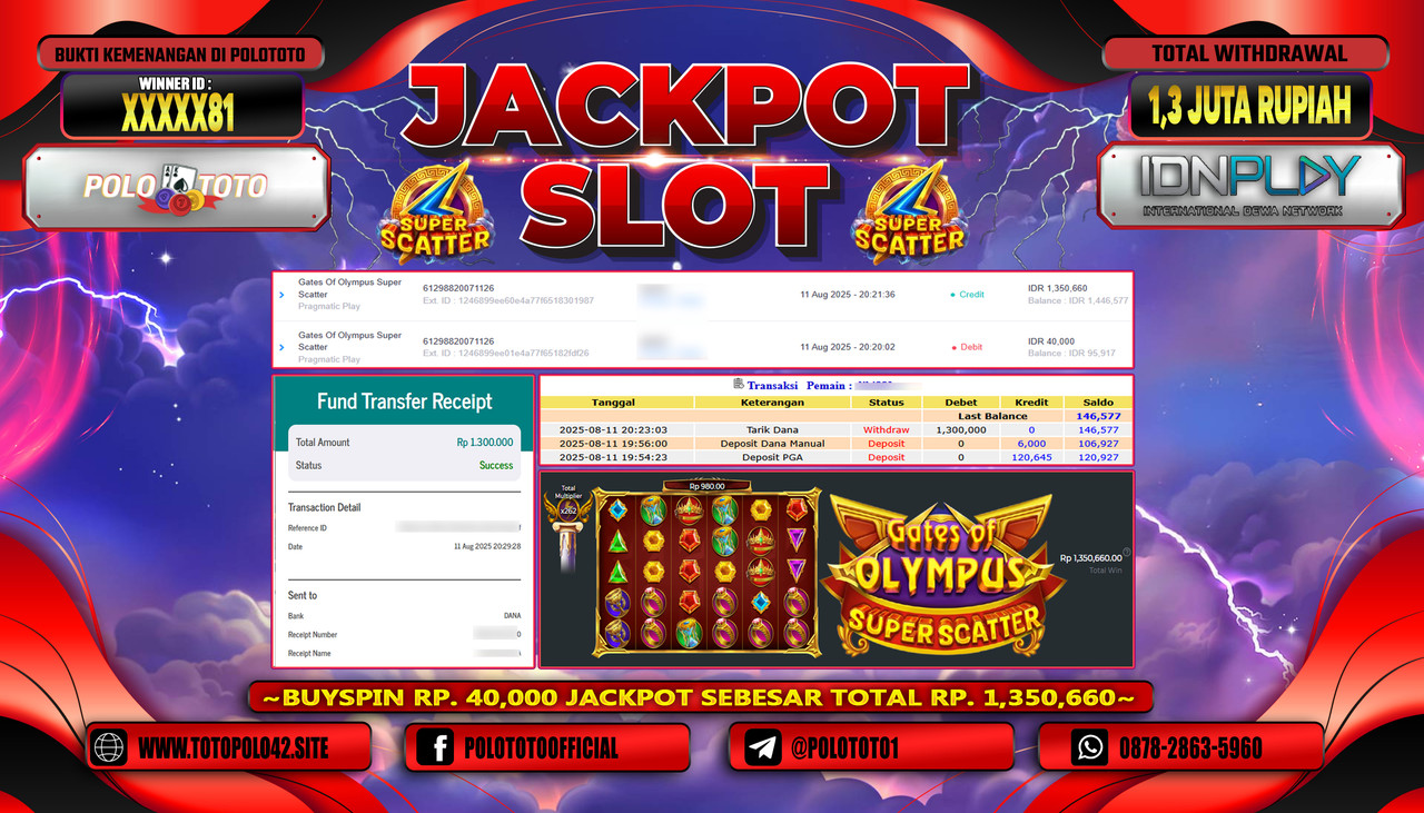 POLOTOTO JACKPOT SLOT GATES OF OLYMPUS SUPER SCATTER Rp.1.300.000,-LUNAS