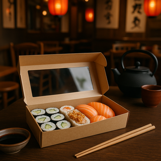 Boîte à sushi kraft brun avec fenêtre anti-buée pour vente à emporter