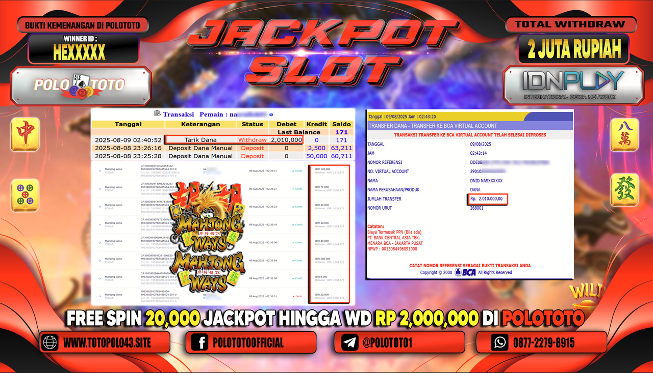 POLOTOTO JACKPOT SLOT MAHJONG WAYS Rp.2.000.000,-LUNAS