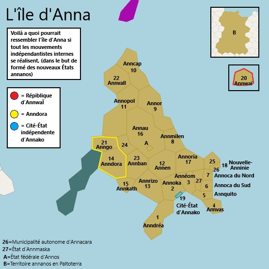 Carte avec les noms des États incorporés et des futures États hypothétiques annanos
