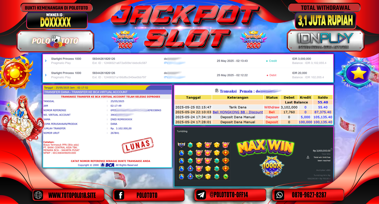 POLOTOTO JACKPOT SLOT STARLIGHT PRINCESS 1000 Rp.3.102.000,-