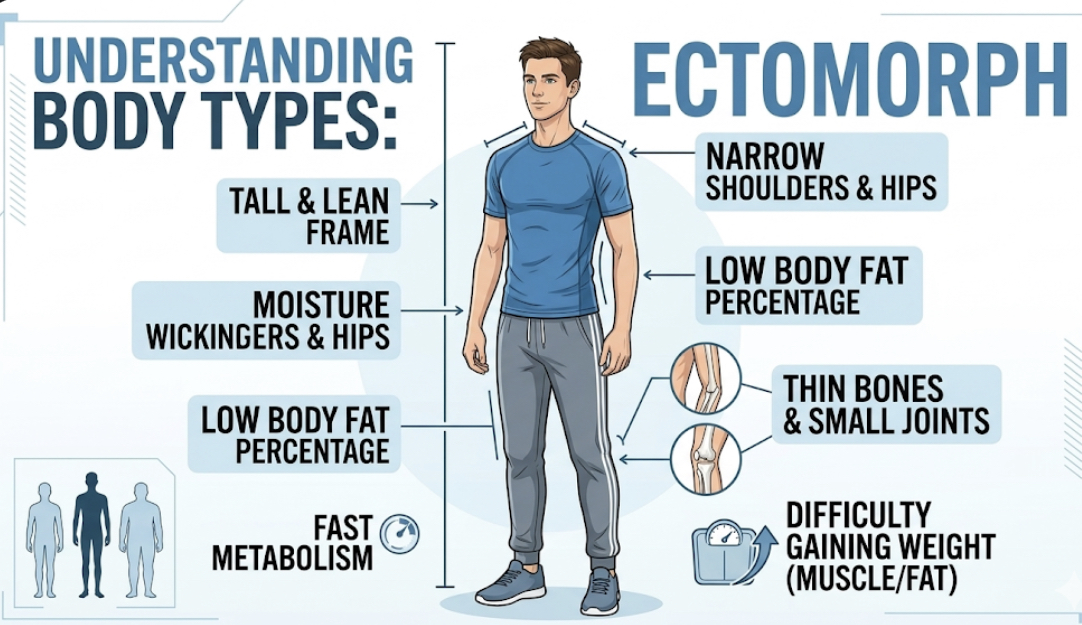 Illustration of ectomorph body type showing tall lean frame narrow shoulders and low body fat percentage for muscle gain guide
