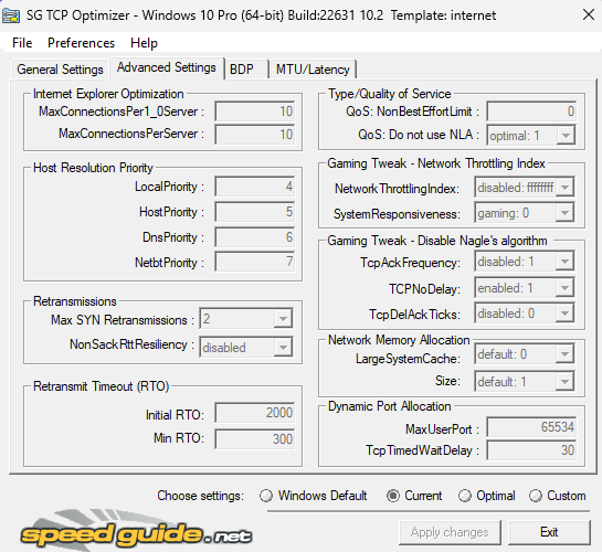 Advanced settings tab of TCP Optimizer Best TCP Optimizer settings for gaming.
