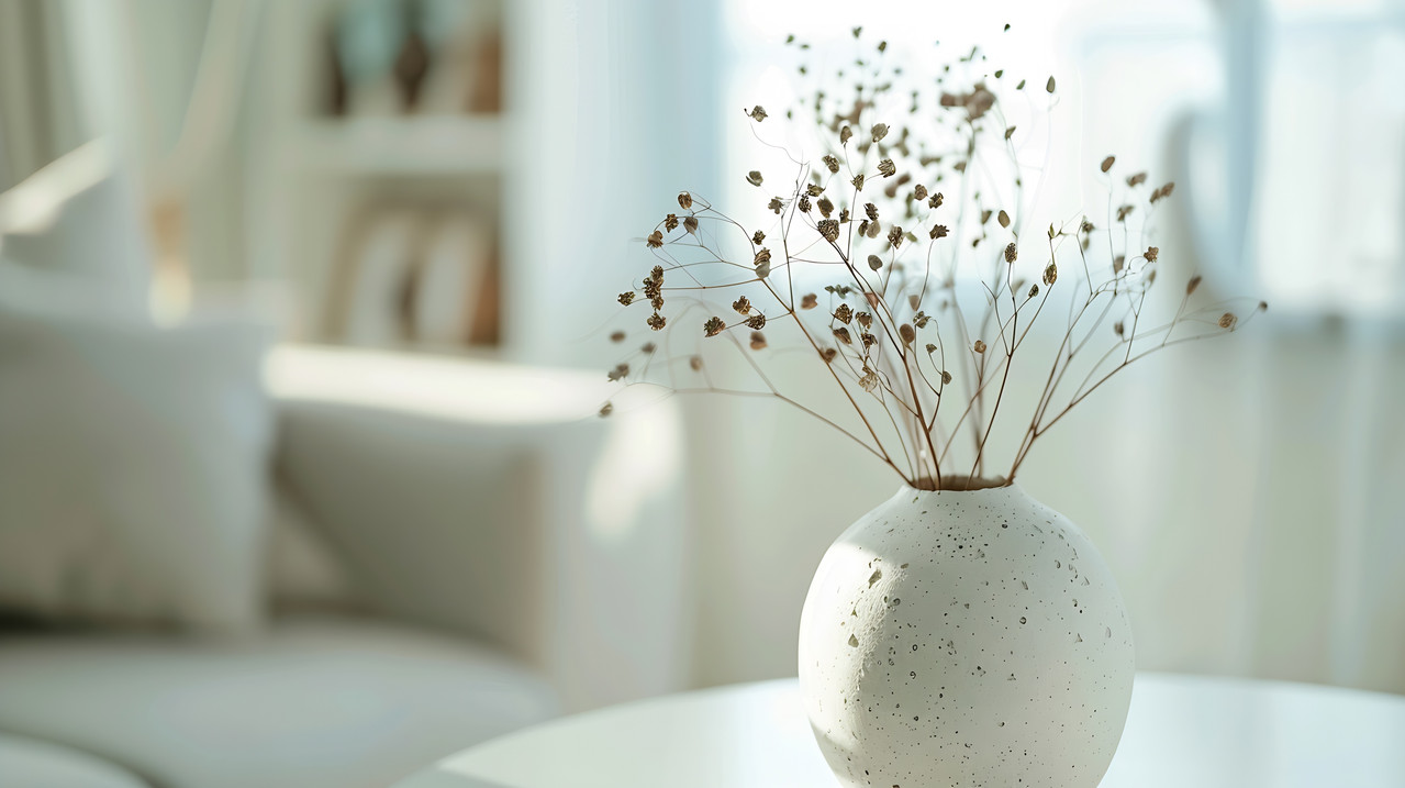 close up view simple home interior design with ceramic vase copy space wh generative ai