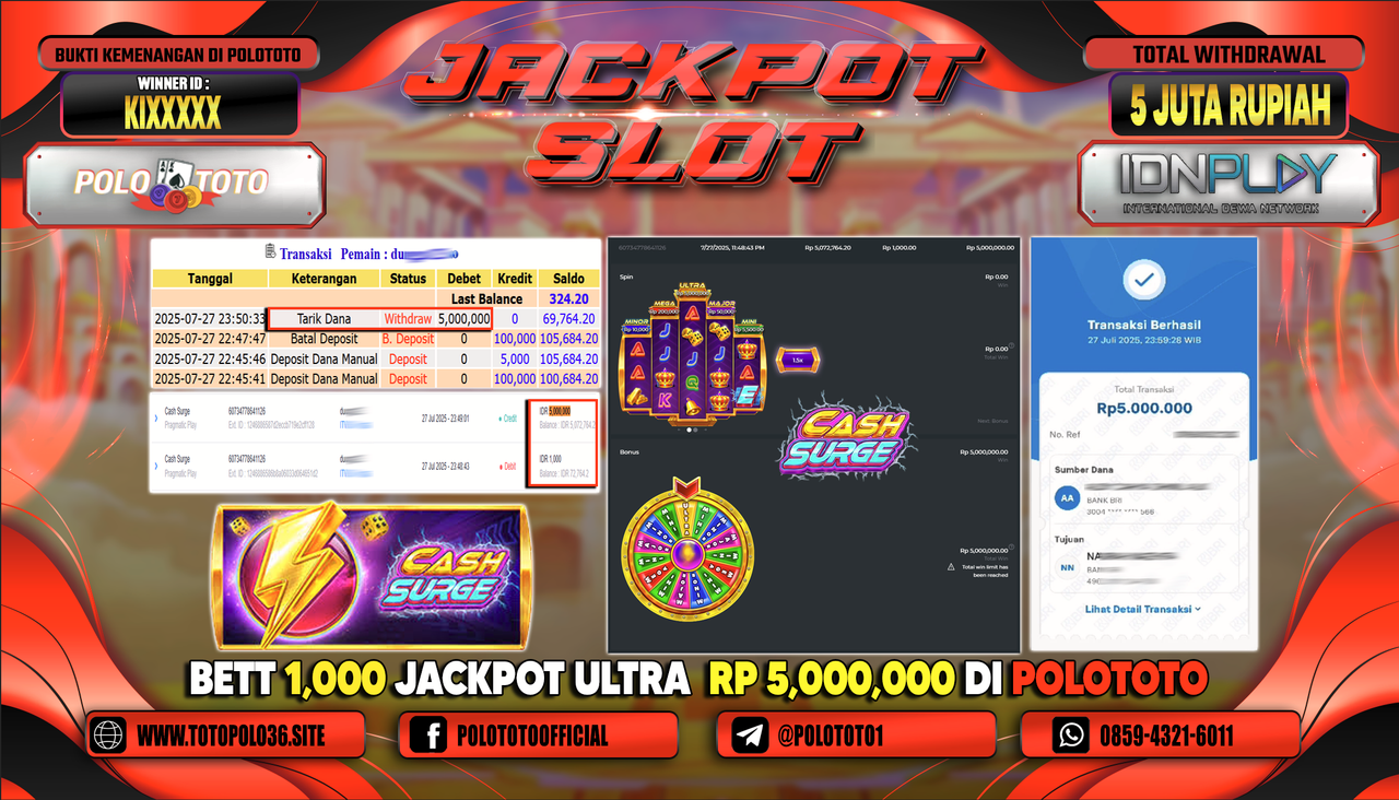 POLOTOTO JACKPOT SLOT CASH SURGE Rp.5.000.000,-LUNAS