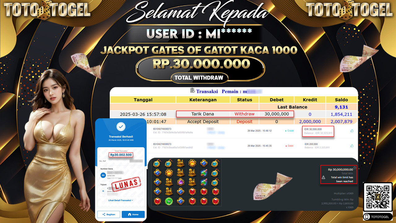 Bukti Pembayaran Jackpot  Permainan Slot Gates Of Gatot Kaca 1000 ID:MI**** LUNAS