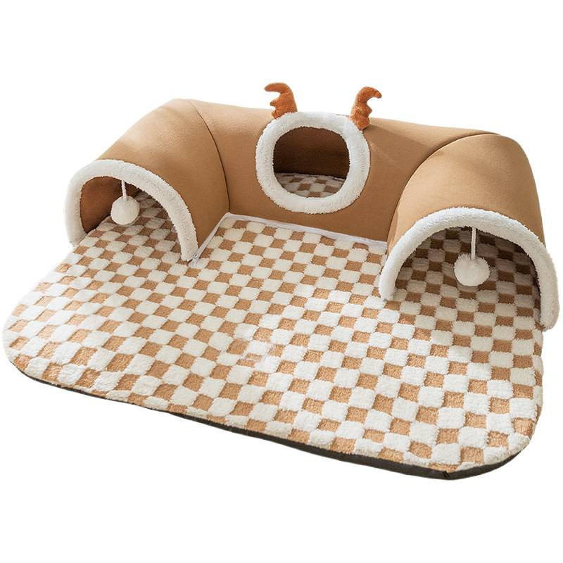 Brown L size Cat Tunnel Bed House 4-Season Universal Removable Washable U-Shaped Cat Cave with Multi-Entrance, Plush Hideaway Pet Nest with Detachable Mat for Indoor Cats, Non-Slip Bottom, Multi-Cat Friendly