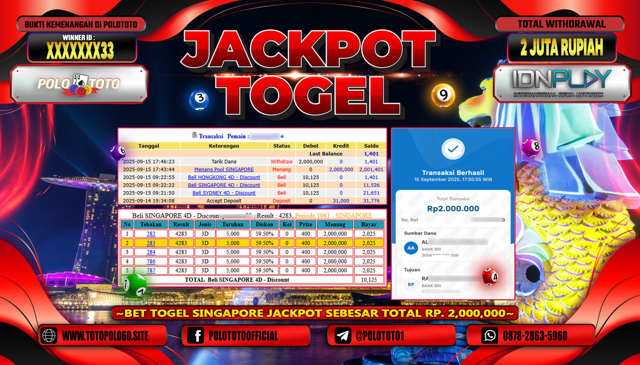POLOTOTO JACKPOT TOGEL POOL SINGAPORE Rp.2.000.000,-LUNAS