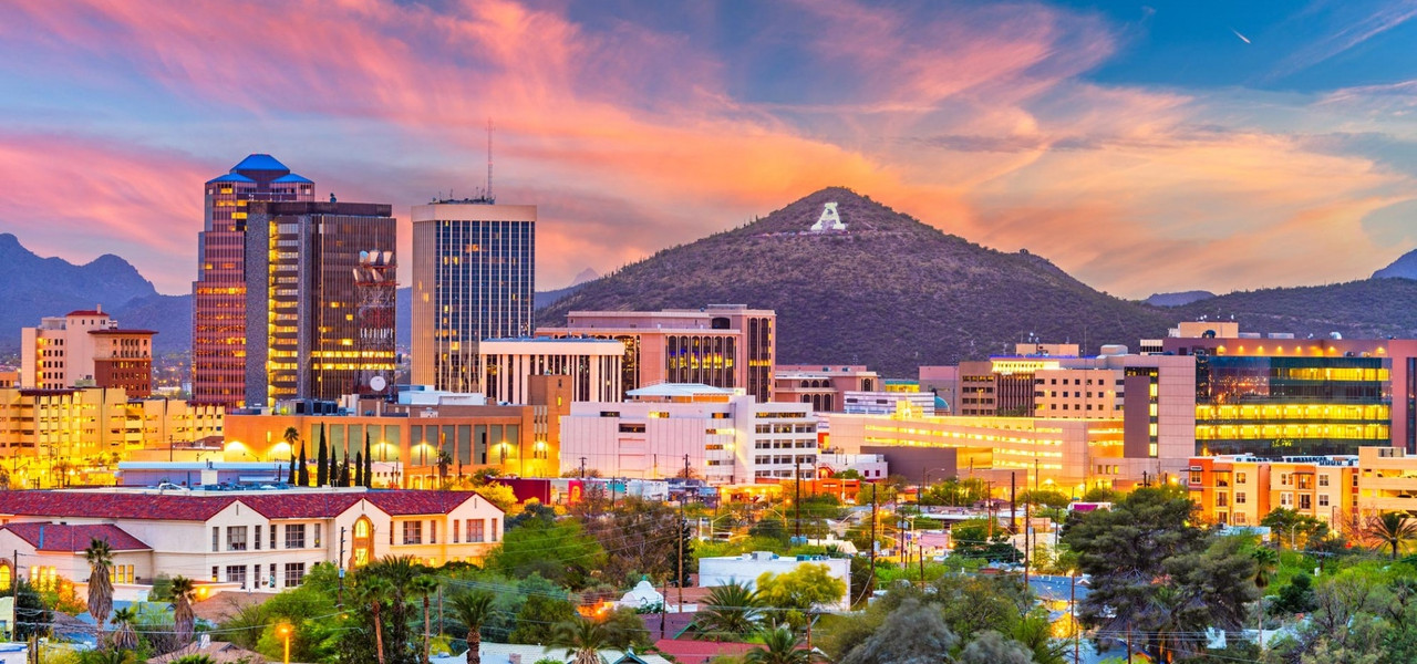 Downtown Tucson, Arizona skyline at sunset with A Mountain