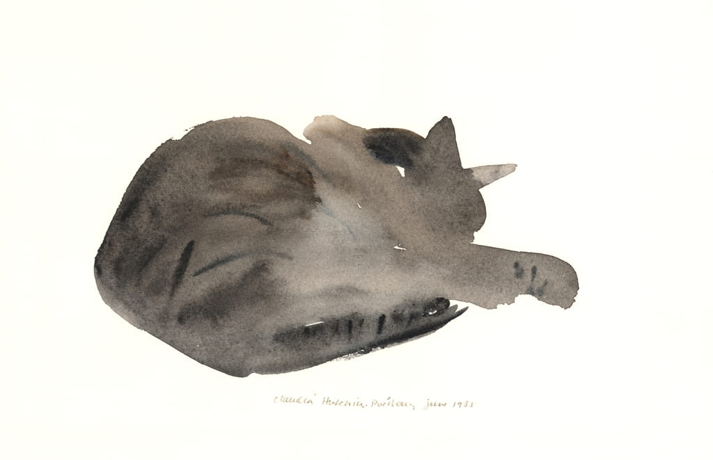 Claudia-Hutchins-Puechavy-Sleeping-cat-1985-watercolour-Meister-Drucke-184940