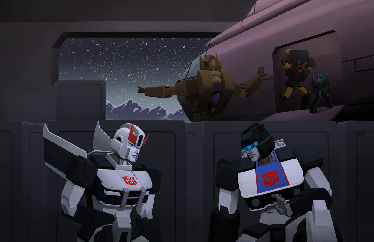 Prowl and Jazz crouch in the foreground with Jazz holding a hand up slightly, silently telling Prowl to Hold On. Behind them is a row of crates that they are using for cover. Near the crates is a Decepticon with his back to the pair as he directs others. to the right is a ship with its ramp down and two other Decepticons unloading what's inside. In the background, the hangar door is open, showing a mountainous and snowy terrain, and a darkening sky as it snows
