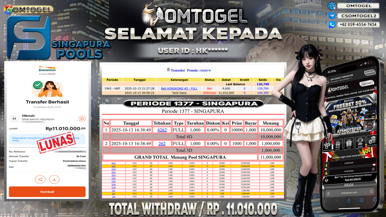 OMTOGEL JACKPOT SINGAPORE 4D 3D 11 JUTA DI BAYAR LUNAS ,-