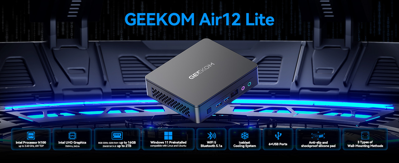 GEEKOM Air12 Lite Mini PC Intel N100 16GB DDR4 512GB SSD Windows