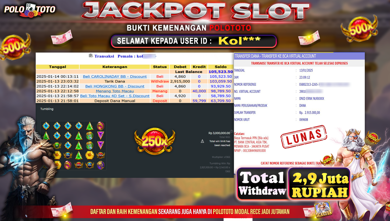 POLOTOTO JACKPOT SLOT GATES OF OLYMPUS 1000 Rp.2,915.000,-