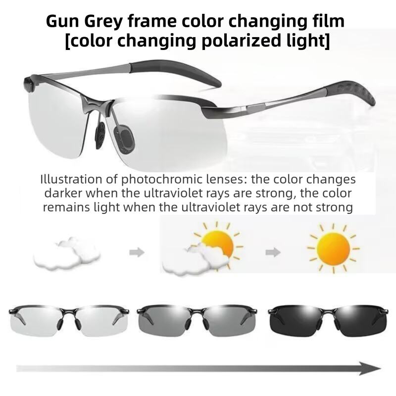 Gun Grey Photochromic HD Sunglass with Anti-Glare/Fatigue Polarization & Impact Resistant Alloy Frame for Day & Night Dual Use