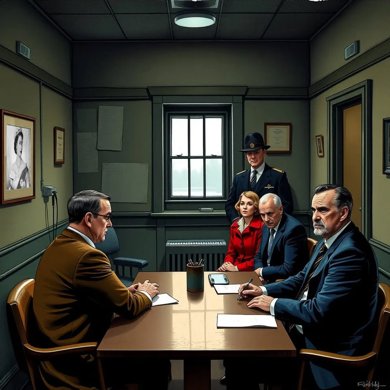 Interview room with Sam, Jane, crook, lawyer and Constable MacReary