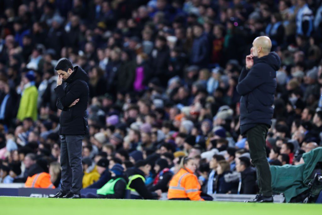 Arsenal's manager Mikel Arteta and Man City's manager Pep Guardiola