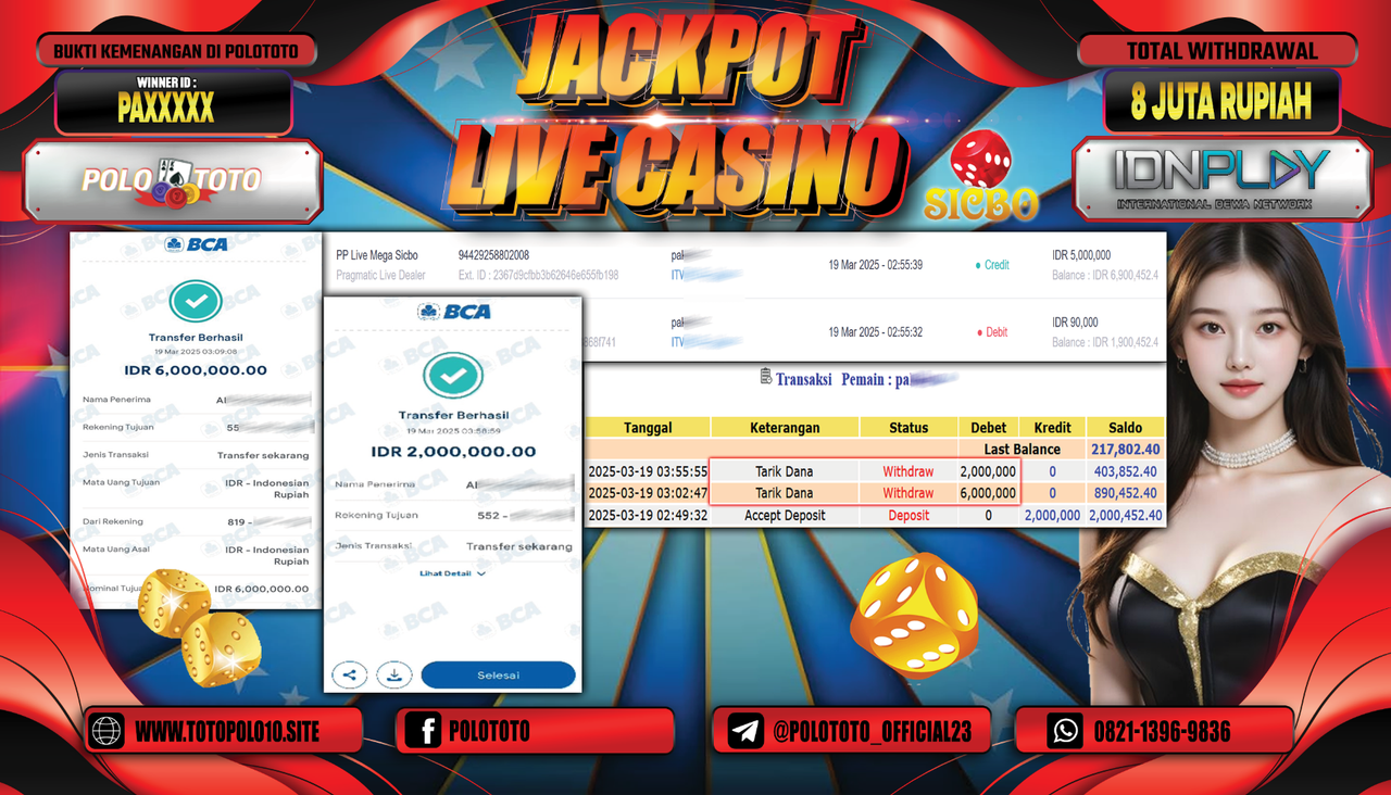 POLOTOTO JACKPOT LIVE CASINO PP LIVE MEGA SICBO Rp.8.000.000,-
