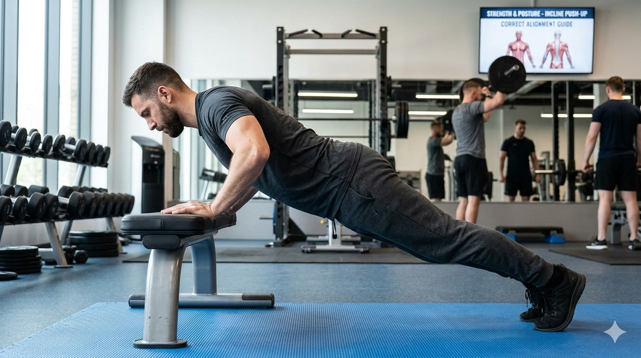 Person performing incline push-up on a workout bench with proper straight body alignment hands shoulder-width apart and controlled movement