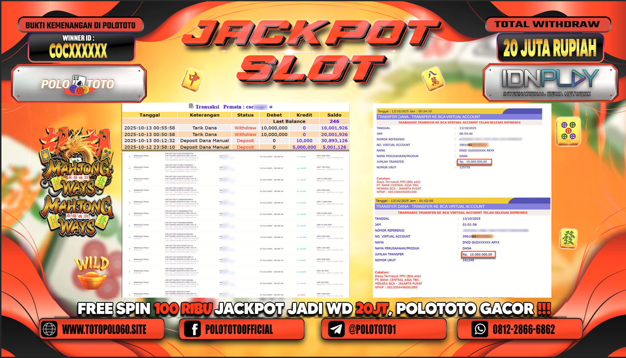 POLOTOTO JACKPOT SLOT MAHJONG WAYS Rp.20.000.000,- LUNAS