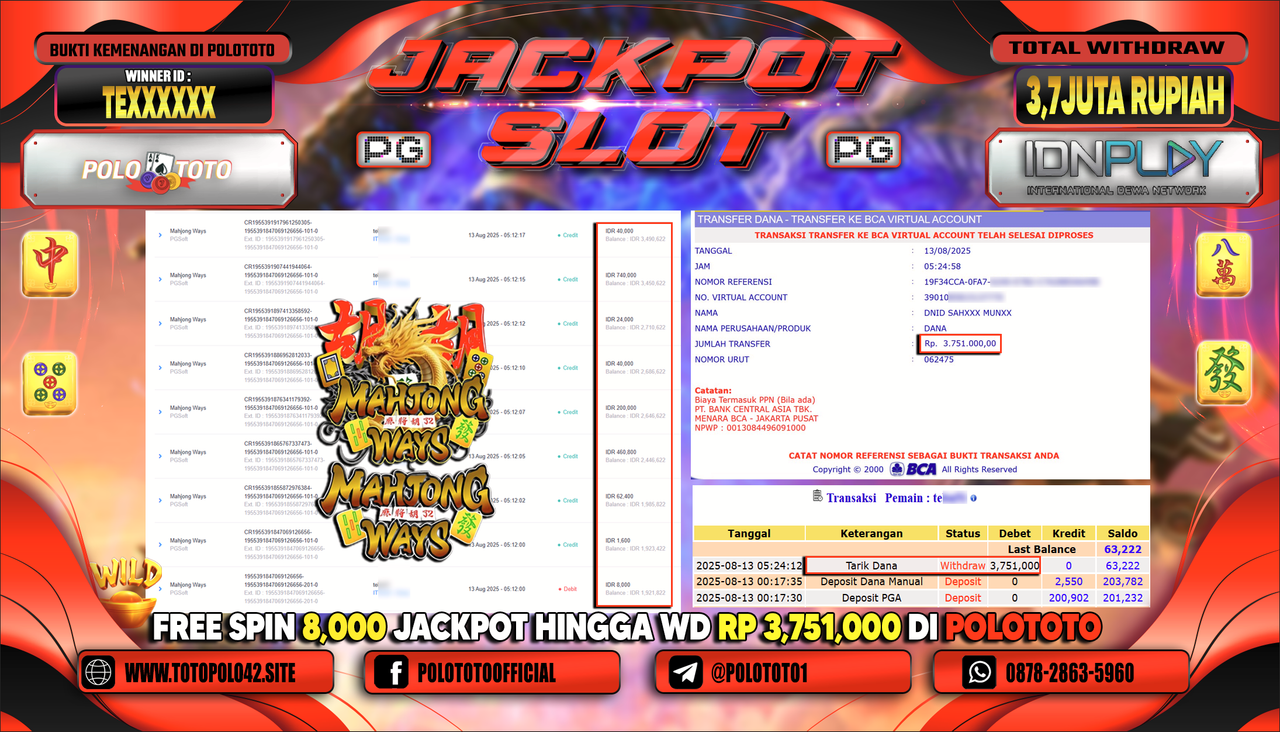 POLOTOTO JACKPOT SLOT MAHJONG WAYS Rp.3.700.000,-LUNAS