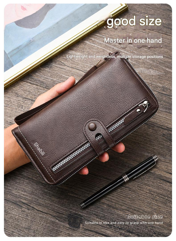 Two pieces High-Capacity PU Leather Clutch Wallet - Unisex Design with Wrist Strap, Zipper & Multiple Card Slots(Dark brown)