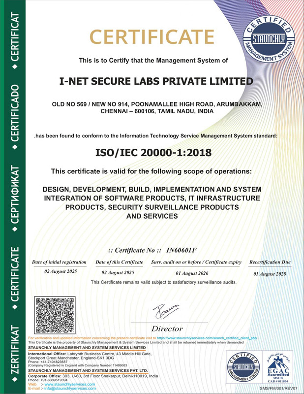 ISO 9001:2015 certificate for I-NET Secure Labs