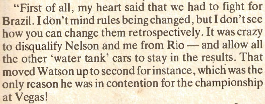 Keke Rosberg on Brazil 1982 DSQs (Autosport 23rd December 1982)