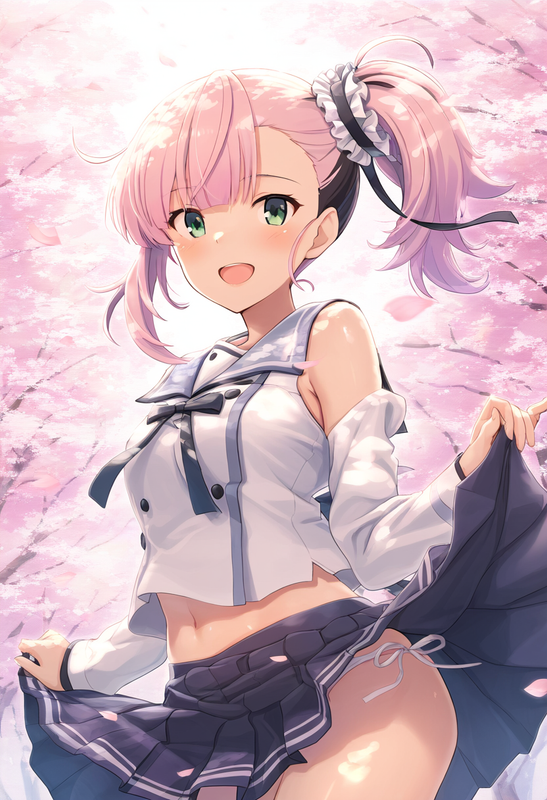 1girl, tsubakuro yume, Toji no Miko, pink hair, green eyes, side ponytail, {{shi s-1071069134