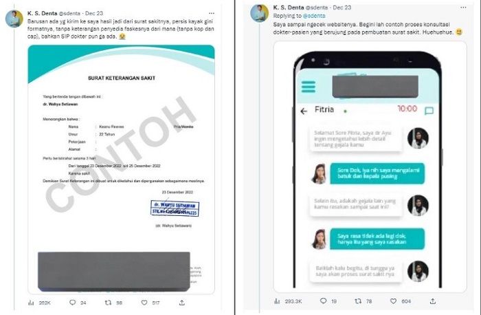 Unggahan contoh jasa surat sakit online di dalam KRL. surat itu tanpa keterangan penyedia faskes dan bahkan tidak ada SIP dokter.