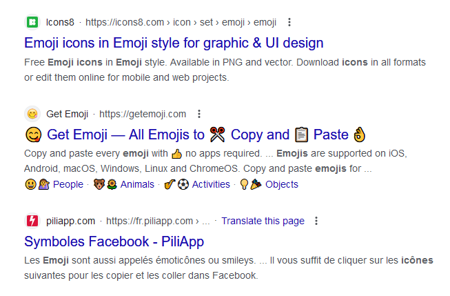 résultats de recherche Google avec des émojis