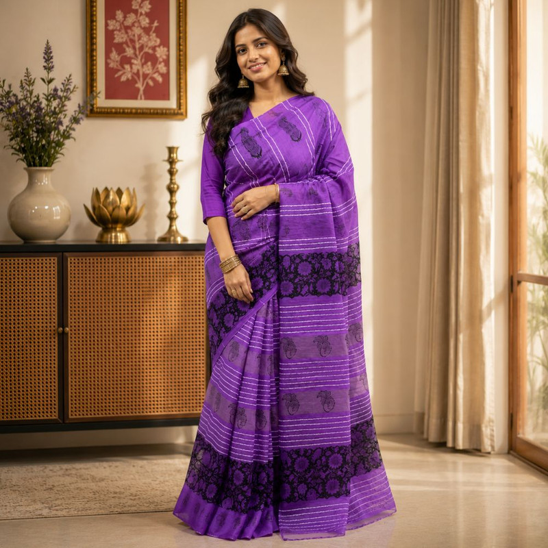 Women's Handcrafted Slub Khadi Cotton Saree with Unstitched Blouse Piece
