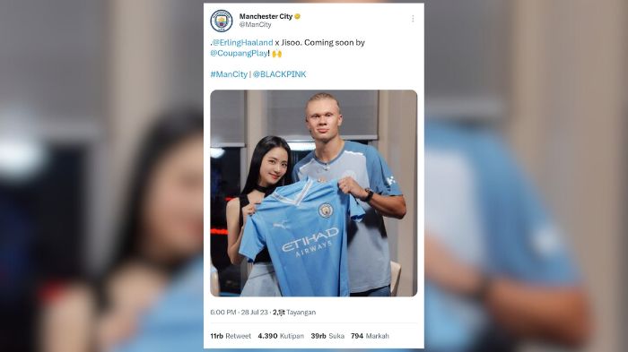 Erling Haaland dan Jisoo BLACKPINK foto bareng usai tur Manchester City di Korea Selatan.