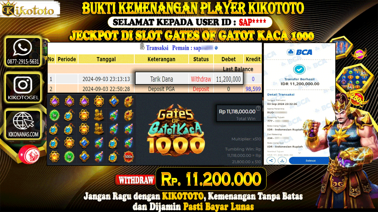 JECKPOTT !!! MENANG BESAR DI SLOT ONLINE GATES OF GATOT KACA 1000 SEBESAR Rp 11,200,000 LANGSUNG DI BAYAR KIKOTOTO !!!!