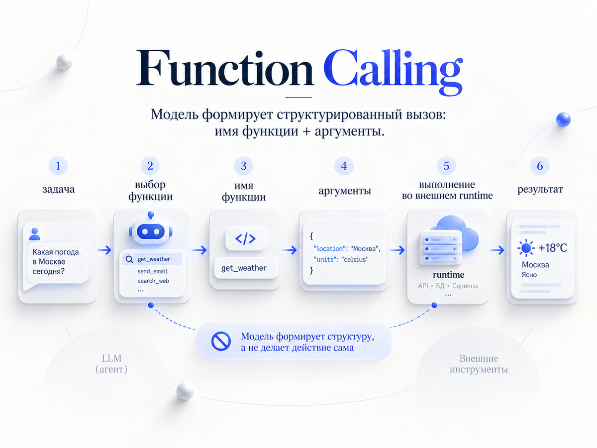 Схема Function Calling: задача, выбор функции, имя функции, аргументы, выполнение во внешней среде и результат