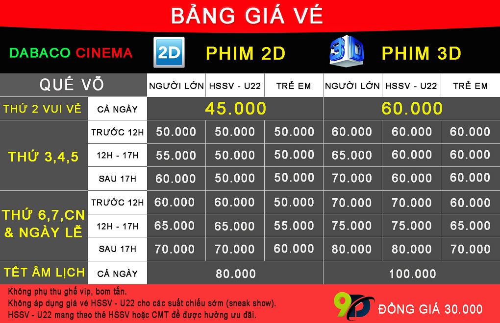 Giá vé Rạp phim Dabaco Cinema Quế Võ Bắc Ninh