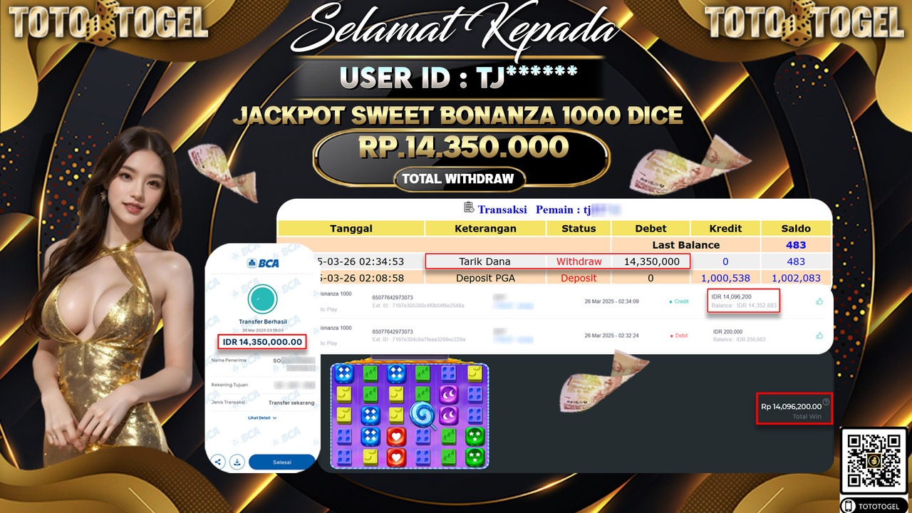 Bukti Pembayaran Jackpot  Permainan Slot Sweet Bonanza 1000 Dice ID:TJ*** LUNAS