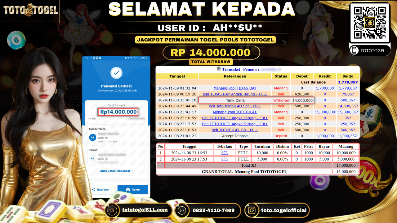 Bukti Pembayaran Jackpot Permainan Togel Pools Tototogel ID:AH**SU** LUNAS 