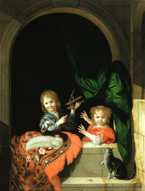 Adriaen-Van-der-Werff-A-Cat-watching-two-boys-Meister-Drucke-73195