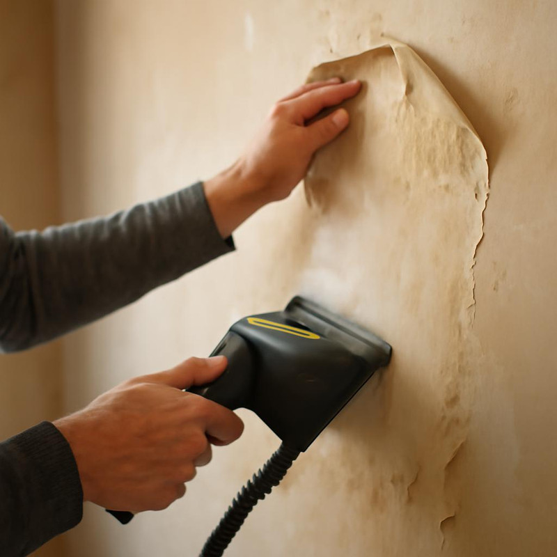 Процесс снятия обоев паром с использованием парогенератора