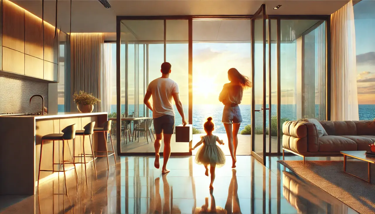 Família feliz caminhando para a praia