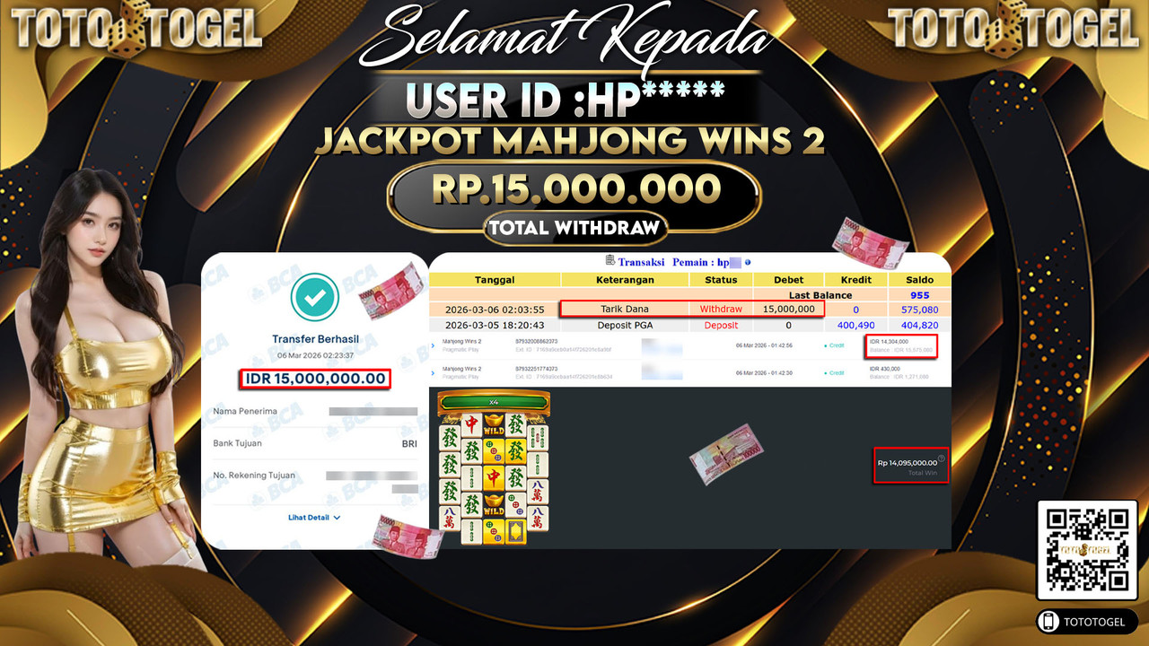 Bukti Pembayaran Jackpot Permainan Slot Mahjong Wins 2 ID:HP*****LUNAS